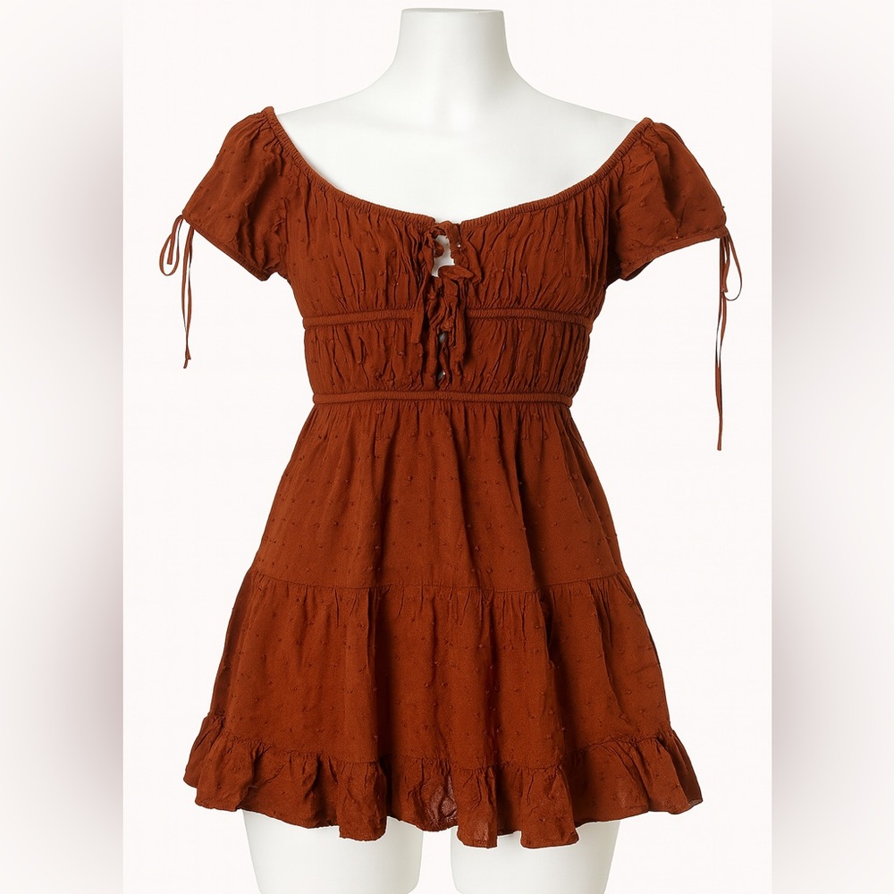 BOHO Brown Off-Shoulder Mini Dress Size XS